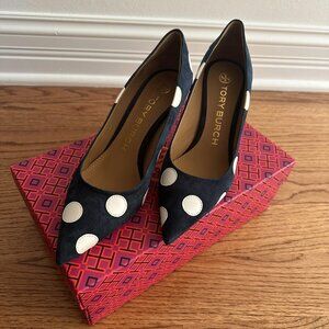 TORY BURCH Penelope Navy Blue & Ivory Polka Dot Pumps Shoes